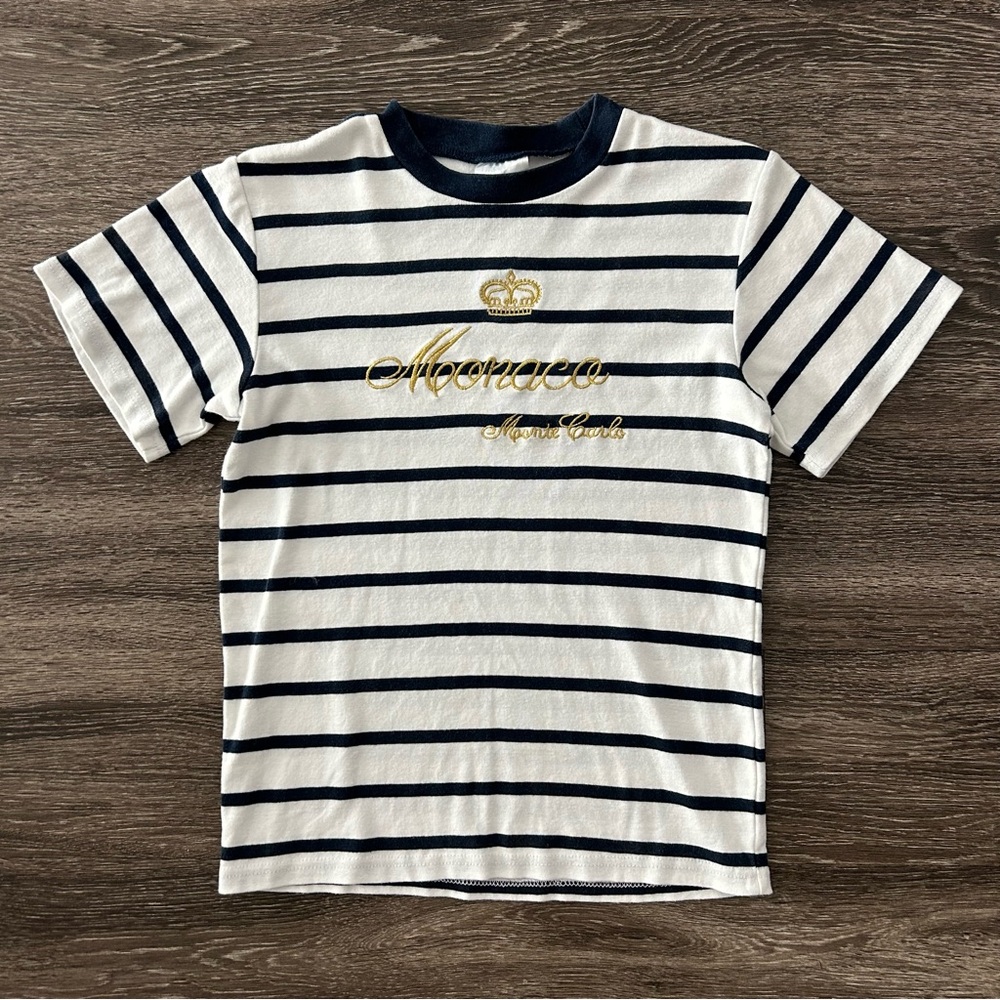 Vintage Monaco Monte Carlo Gold Embroidered Crown Striped T-Shirt Sz M Old Money